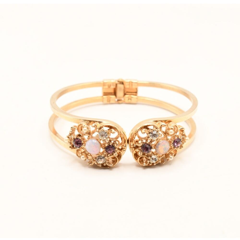 Vintage Opal Look Purple Rhinestone Clamper Bracelet Gold Tone Filigree
